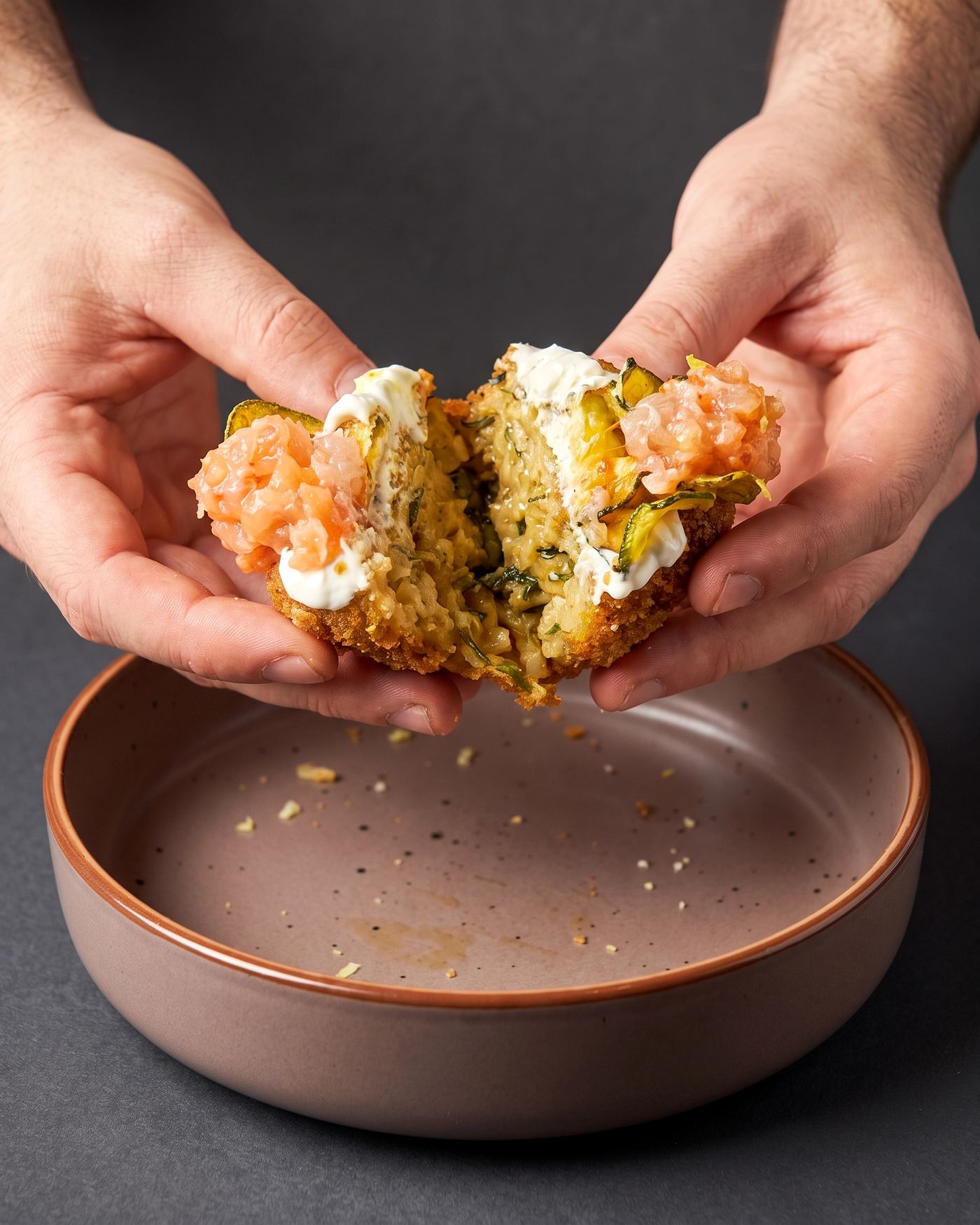 Un fritto TRUNCH spezzato a mani nude, con le briciole che cadono